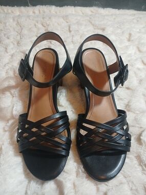 Vionic Papaya Peony Nat Buckle Black Smooth Leather Womens Sandal Size 9